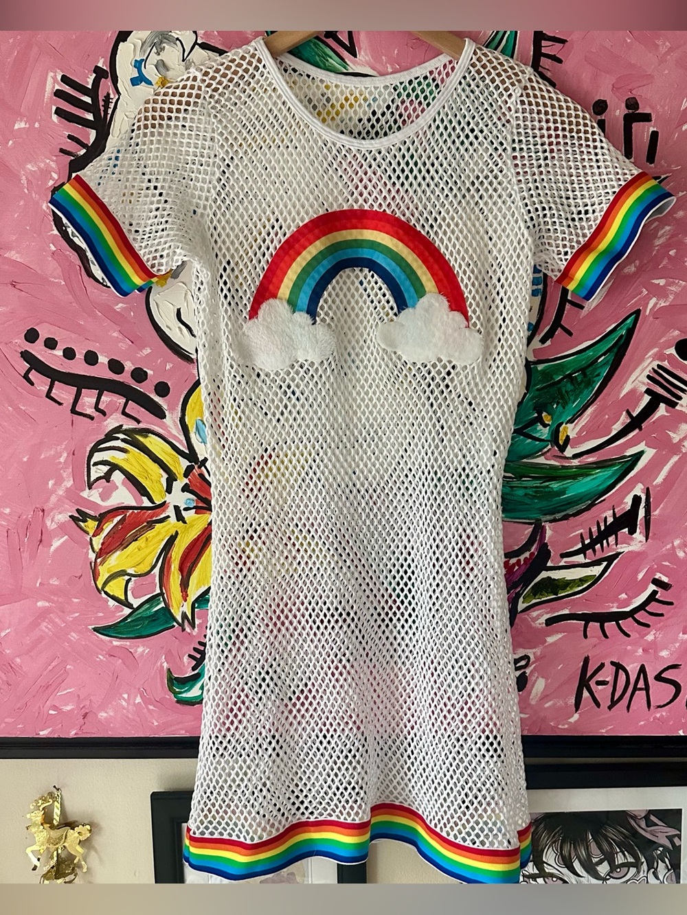 mapale white net rainbow swim coverup / size small